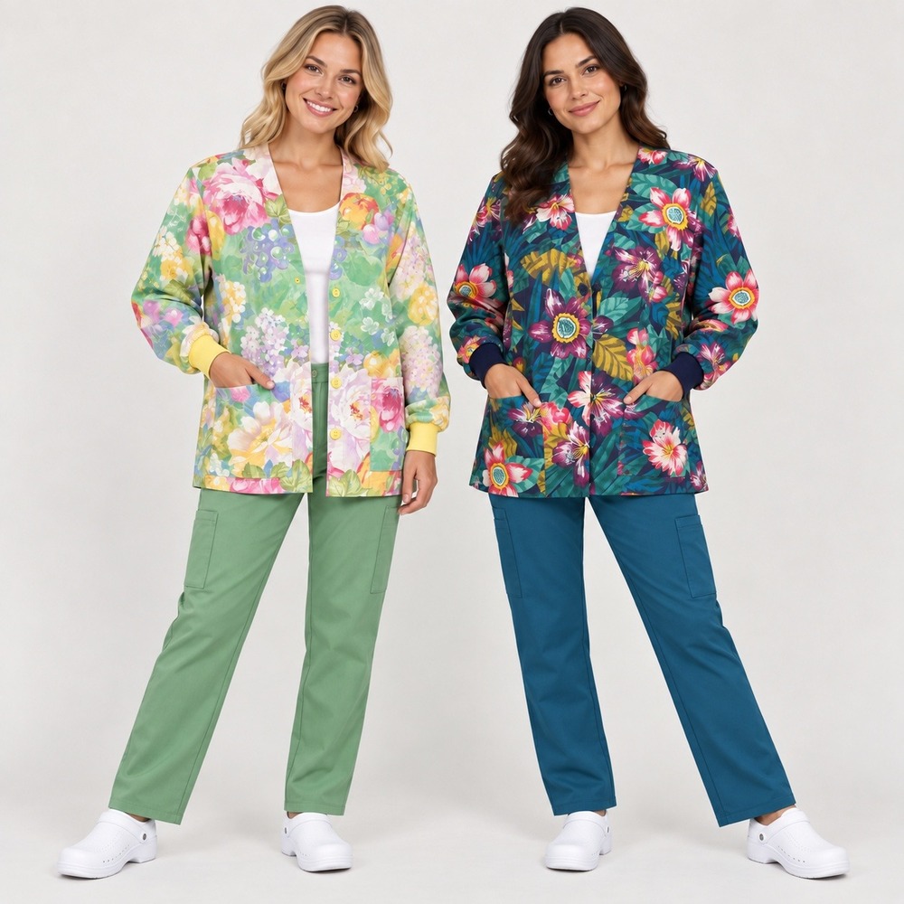 Tafford Floral Scrub Jackets Set of 2 Women Large Cotton Warm Up Snap Front